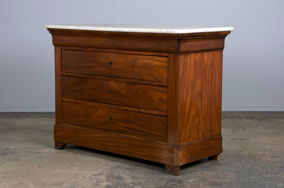 ON HOLD 19th Century French Louis Philippe Style Mahogany Chest Of Drawers W/ Carrara Marble