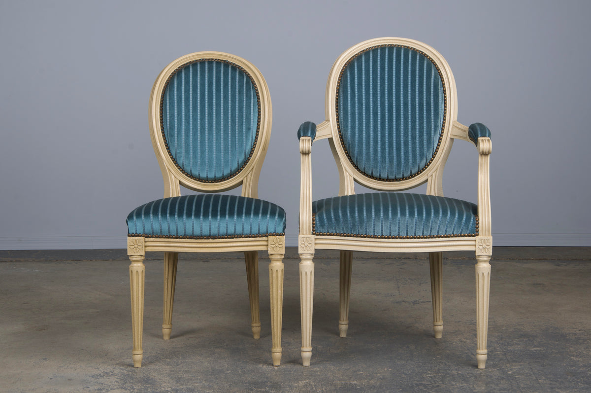 French Louis XVI Style Painted Dining Chairs W/ Striped Blue Velvet - Set of 8