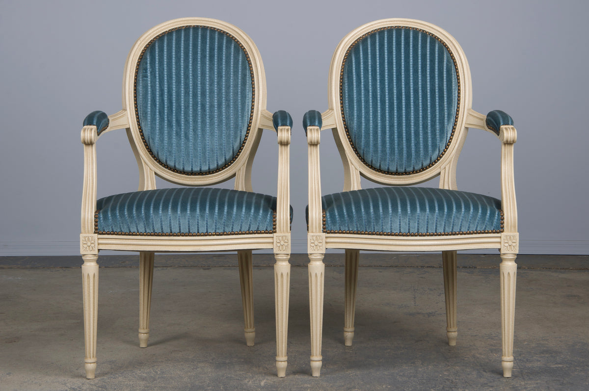 French Louis XVI Style Painted Dining Chairs W/ Striped Blue Velvet - Set of 8