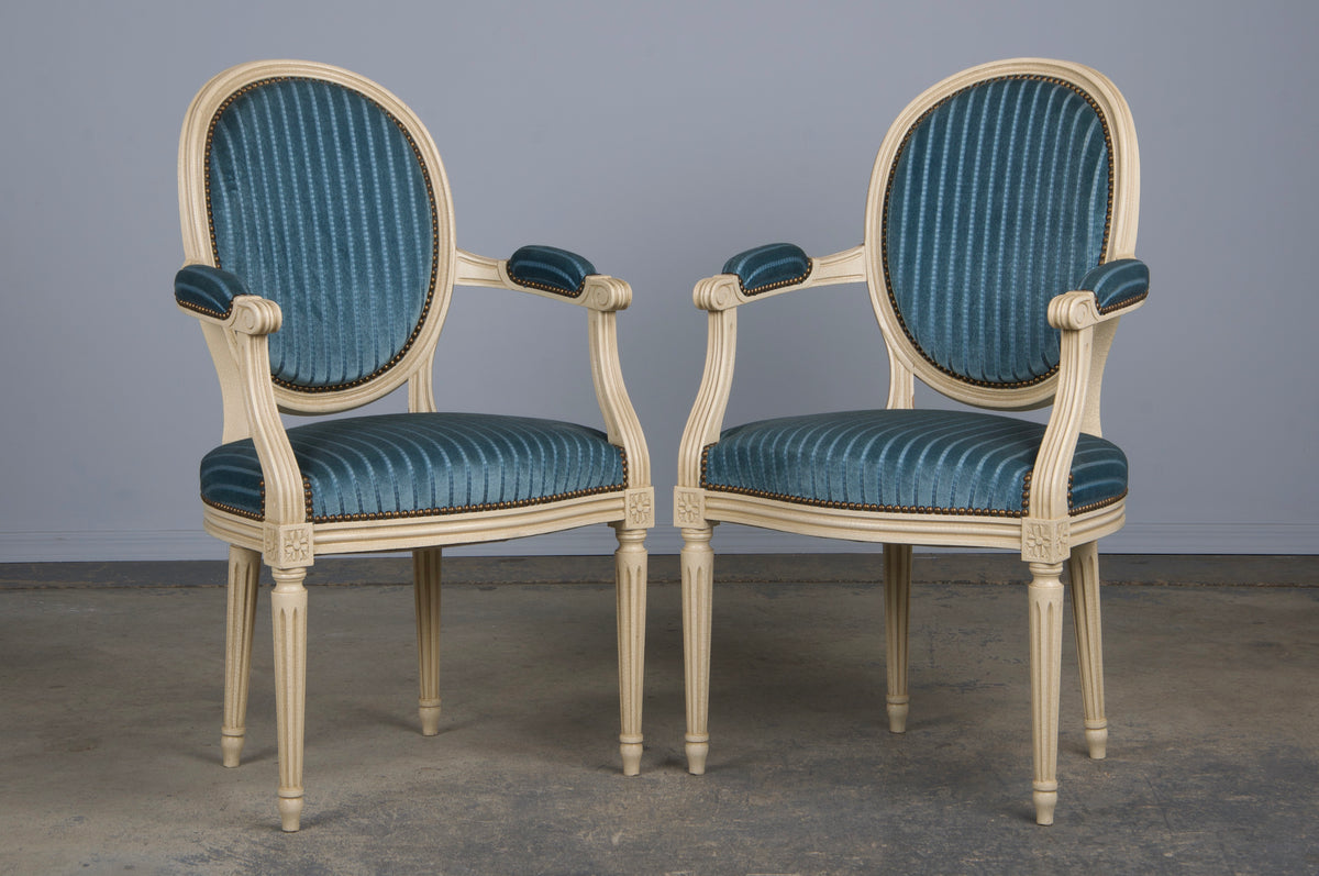 French Louis XVI Style Painted Dining Chairs W/ Striped Blue Velvet - Set of 8