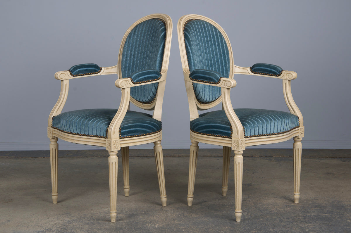 French Louis XVI Style Painted Dining Chairs W/ Striped Blue Velvet - Set of 8