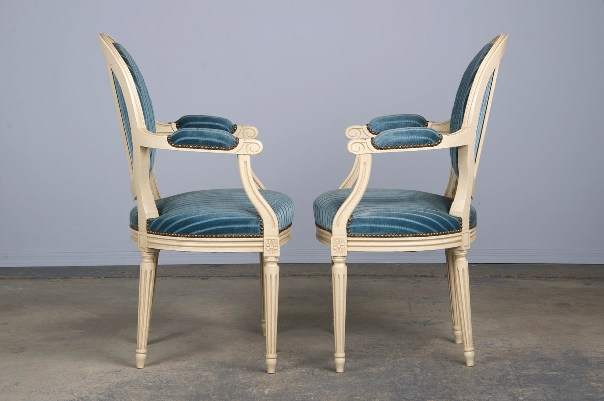 French Louis XVI Style Painted Dining Chairs W/ Striped Blue Velvet - Set of 8