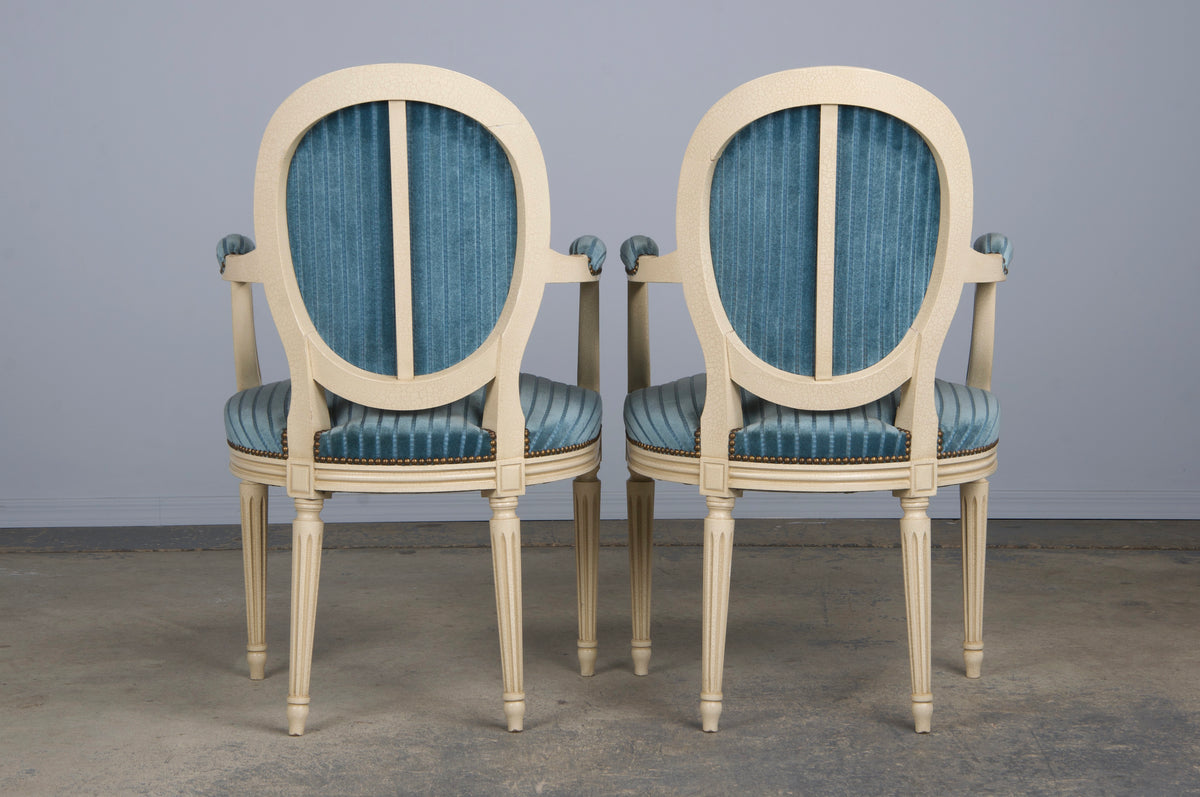 French Louis XVI Style Painted Dining Chairs W/ Striped Blue Velvet - Set of 8