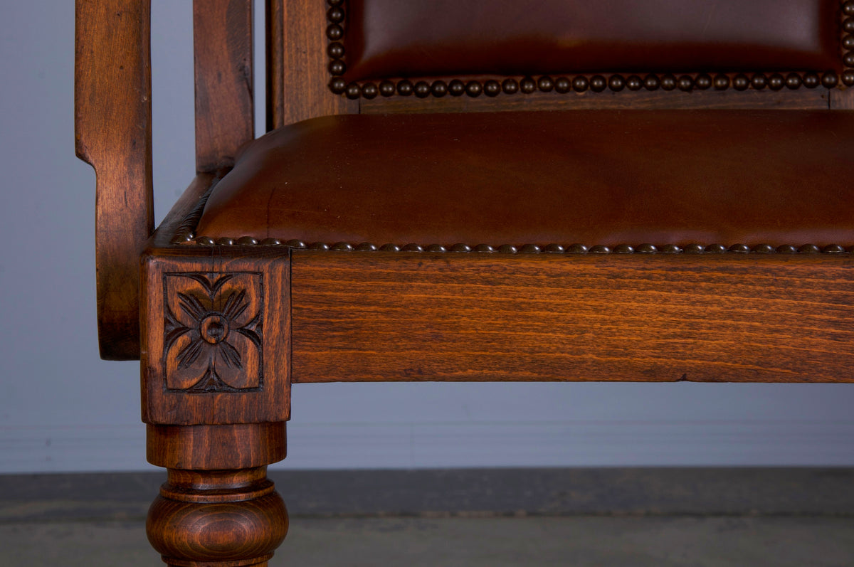 Antique French Louis XVI Style Oak Barber Chair W/ Brown Leather