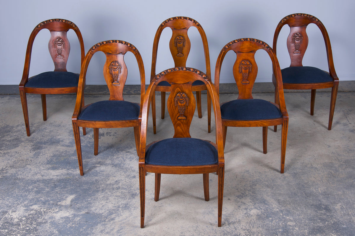 French Neoclassical Style Gondola Maple Dining Chairs W/ Dark Blue Chenille - Set of 6