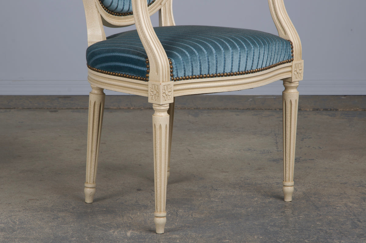 French Louis XVI Style Painted Dining Chairs W/ Striped Blue Velvet - Set of 8