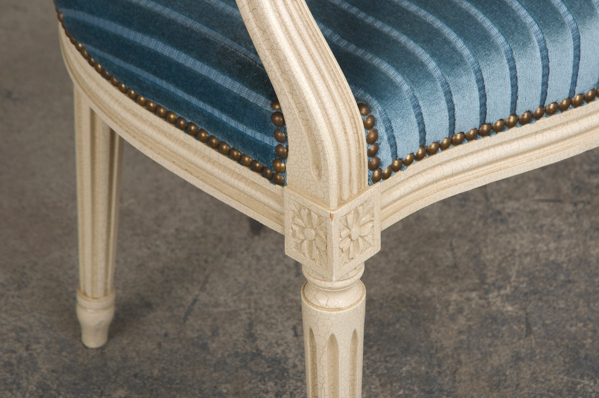 French Louis XVI Style Painted Dining Chairs W/ Striped Blue Velvet - Set of 8