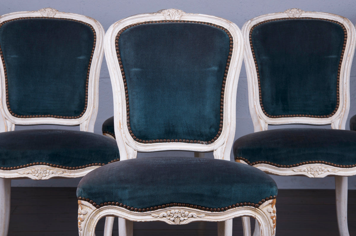 Antique French Louis XV Style Provincial Painted Dining Chairs W/ Dark Blue Velvet - Set of 6