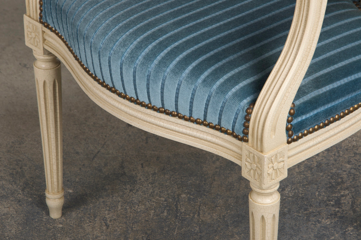 French Louis XVI Style Painted Dining Chairs W/ Striped Blue Velvet - Set of 8