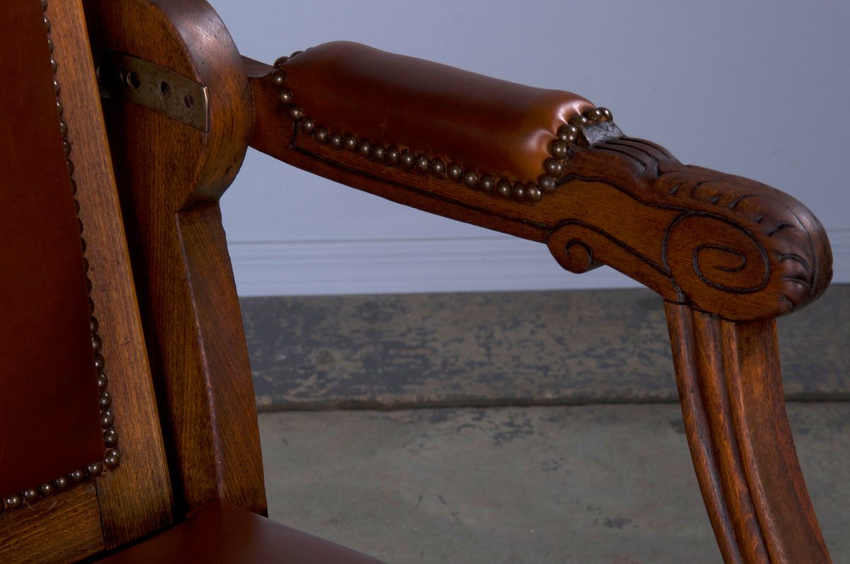 Antique French Louis XVI Style Oak Barber Chair W/ Brown Leather