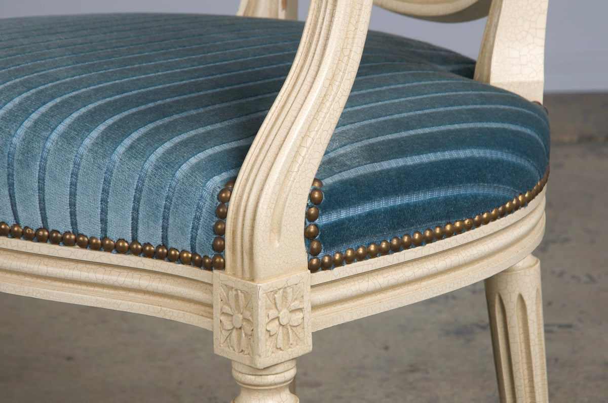 French Louis XVI Style Painted Dining Chairs W/ Striped Blue Velvet - Set of 8