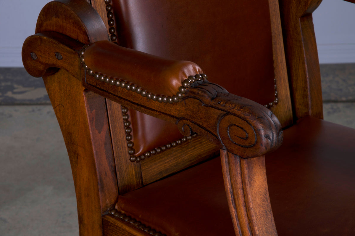 Antique French Louis XVI Style Oak Barber Chair W/ Brown Leather