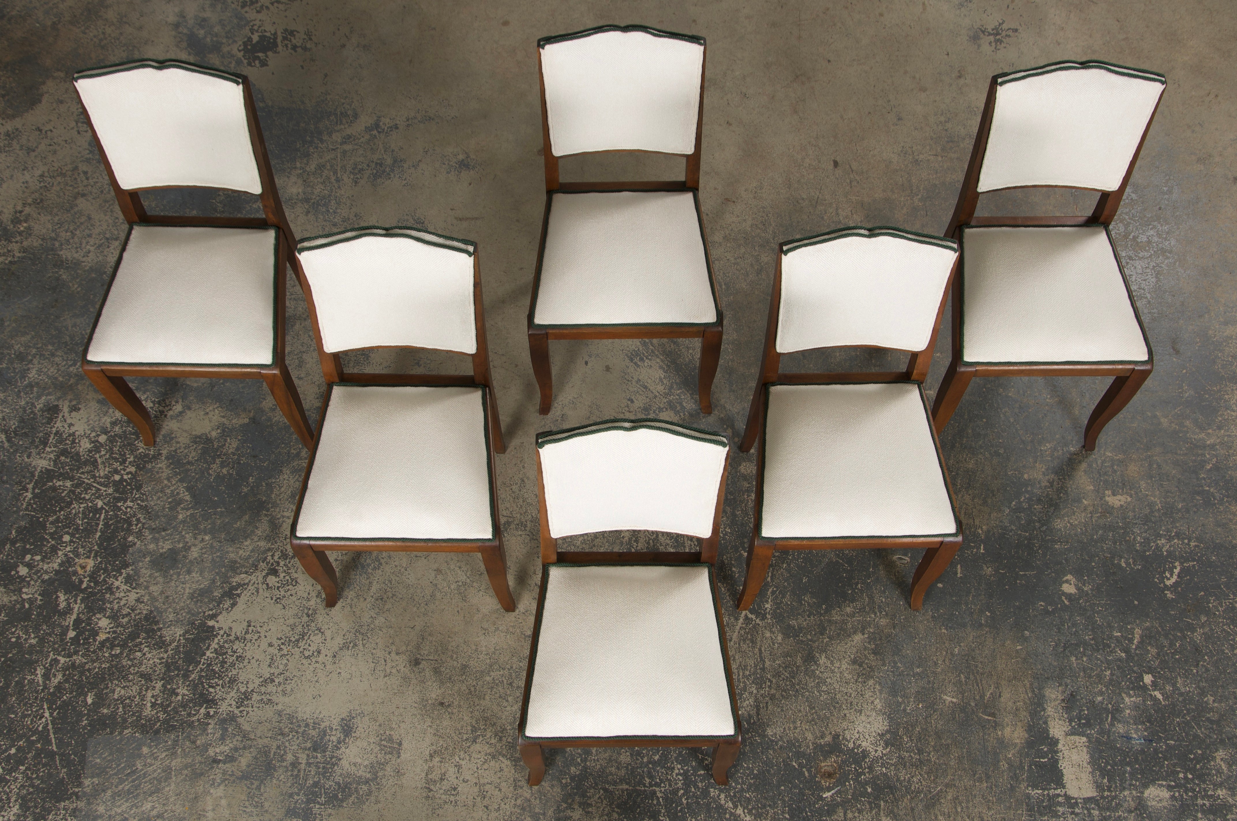 1920s French Art Deco Mustache Back Dining Chairs In Off-White and Green - Set of 6