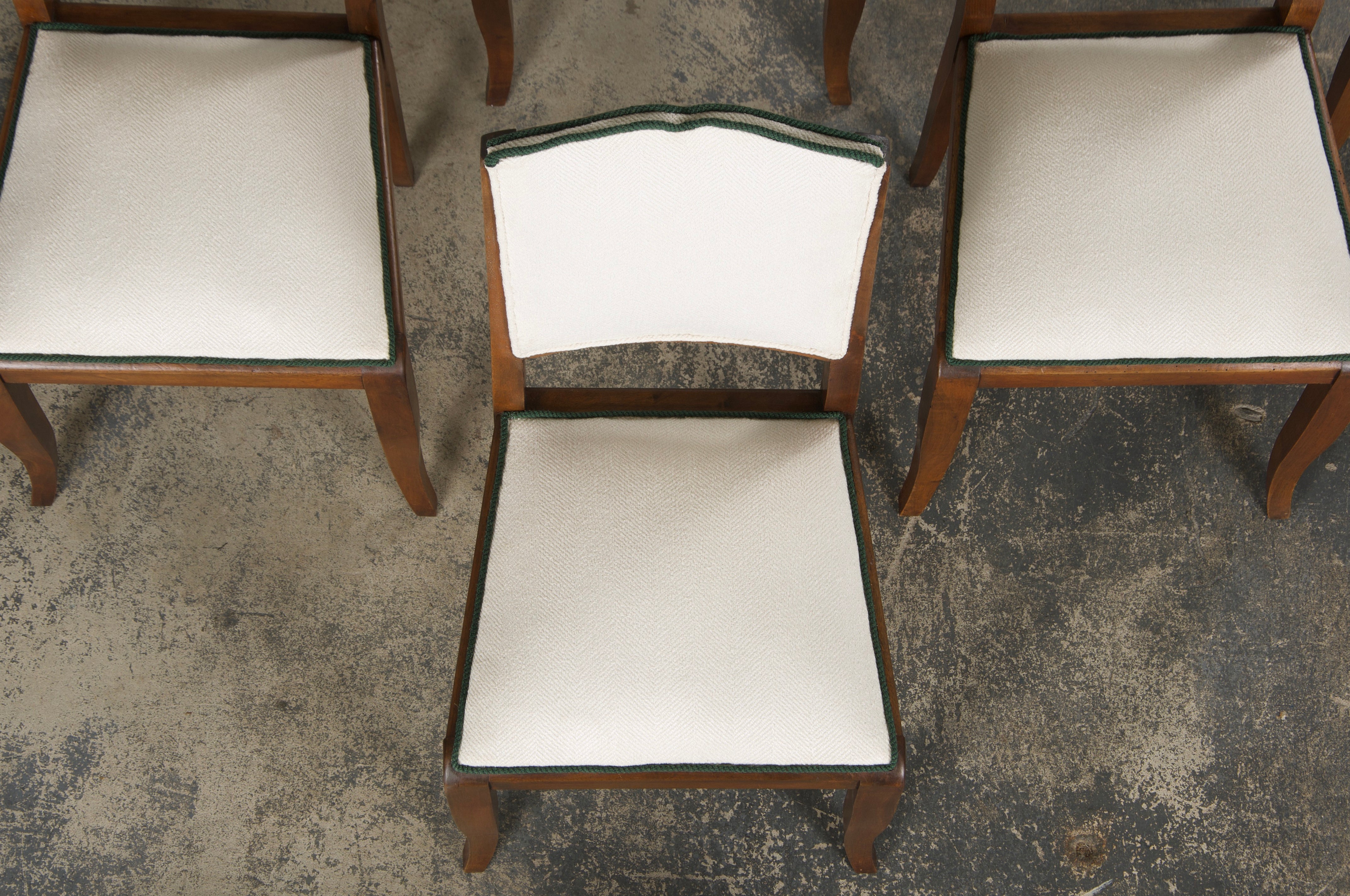1920s French Art Deco Mustache Back Dining Chairs In Off-White and Green - Set of 6