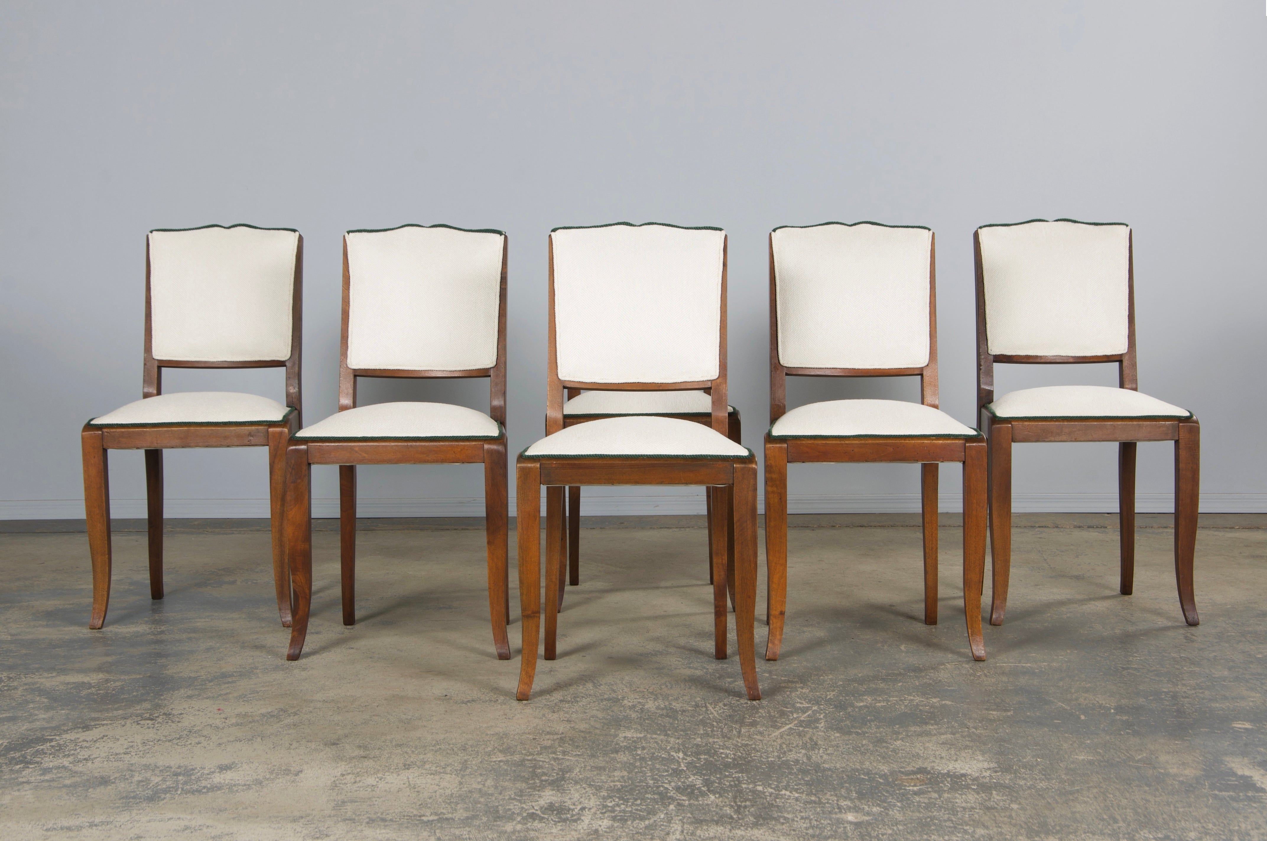 1920s French Art Deco Mustache Back Dining Chairs In Off-White and Green - Set of 6