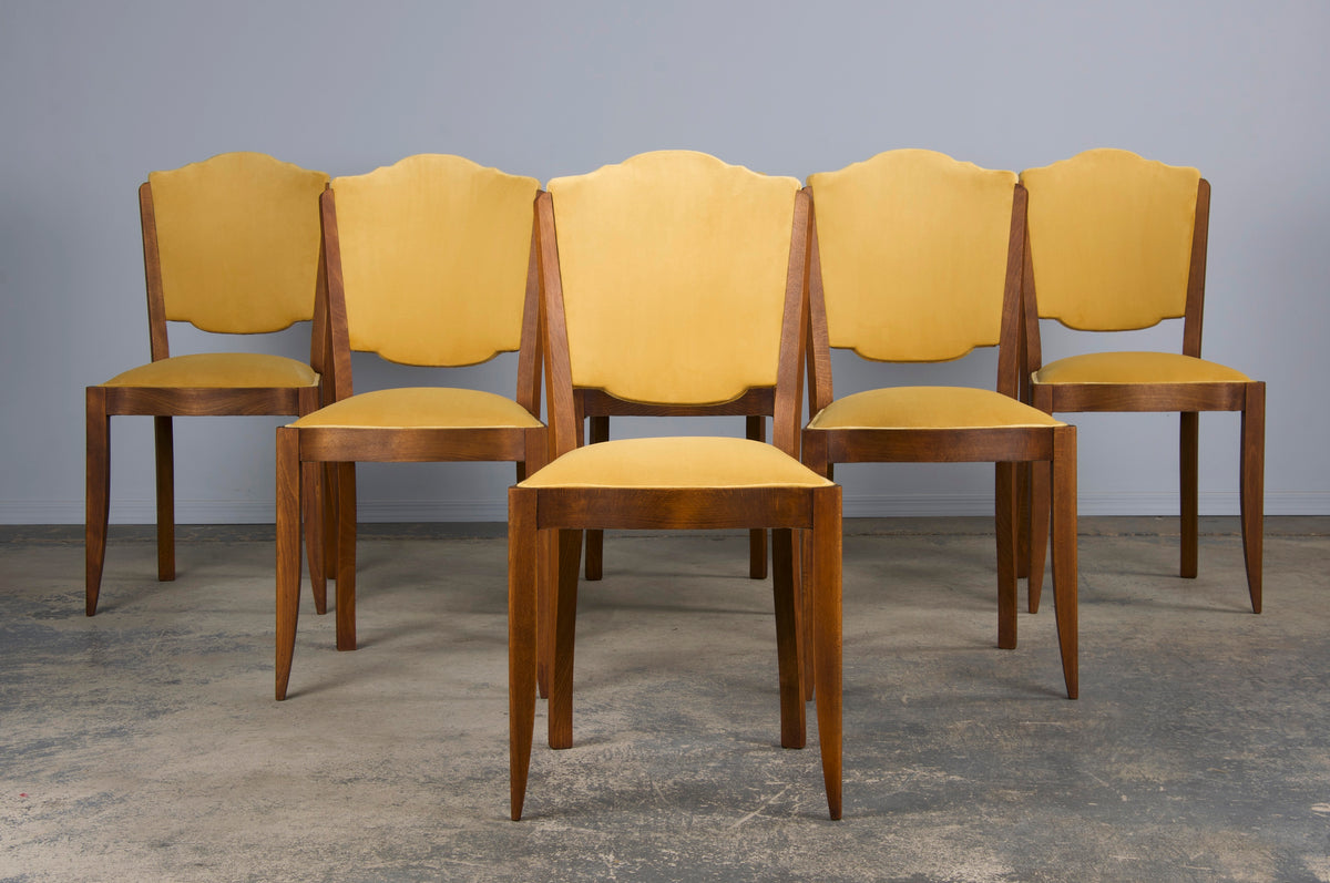 1930s French Art Deco Maple Dining Chairs W/ Curry Yellow Velvet - Set of 6