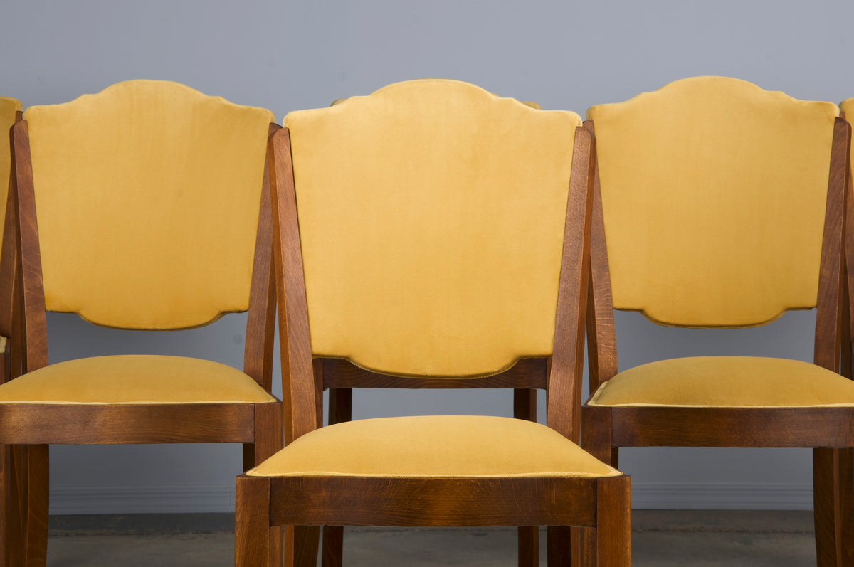 1930s French Art Deco Maple Dining Chairs W/ Curry Yellow Velvet - Set of 6