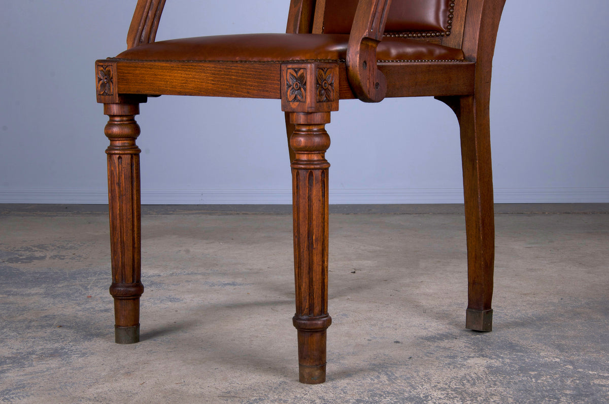 Antique French Louis XVI Style Oak Barber Chair W/ Brown Leather