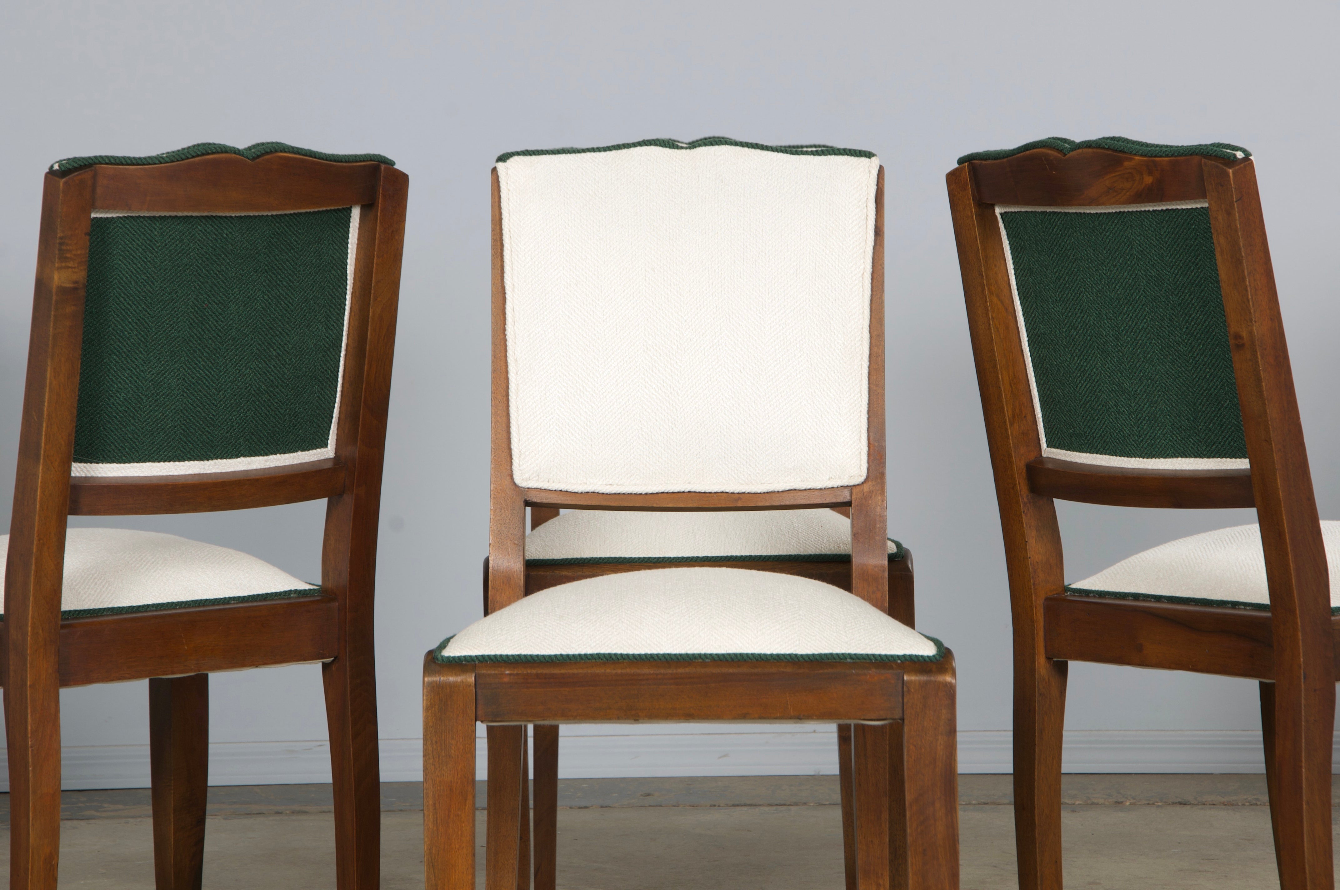 1920s French Art Deco Mustache Back Dining Chairs In Off-White and Green - Set of 6