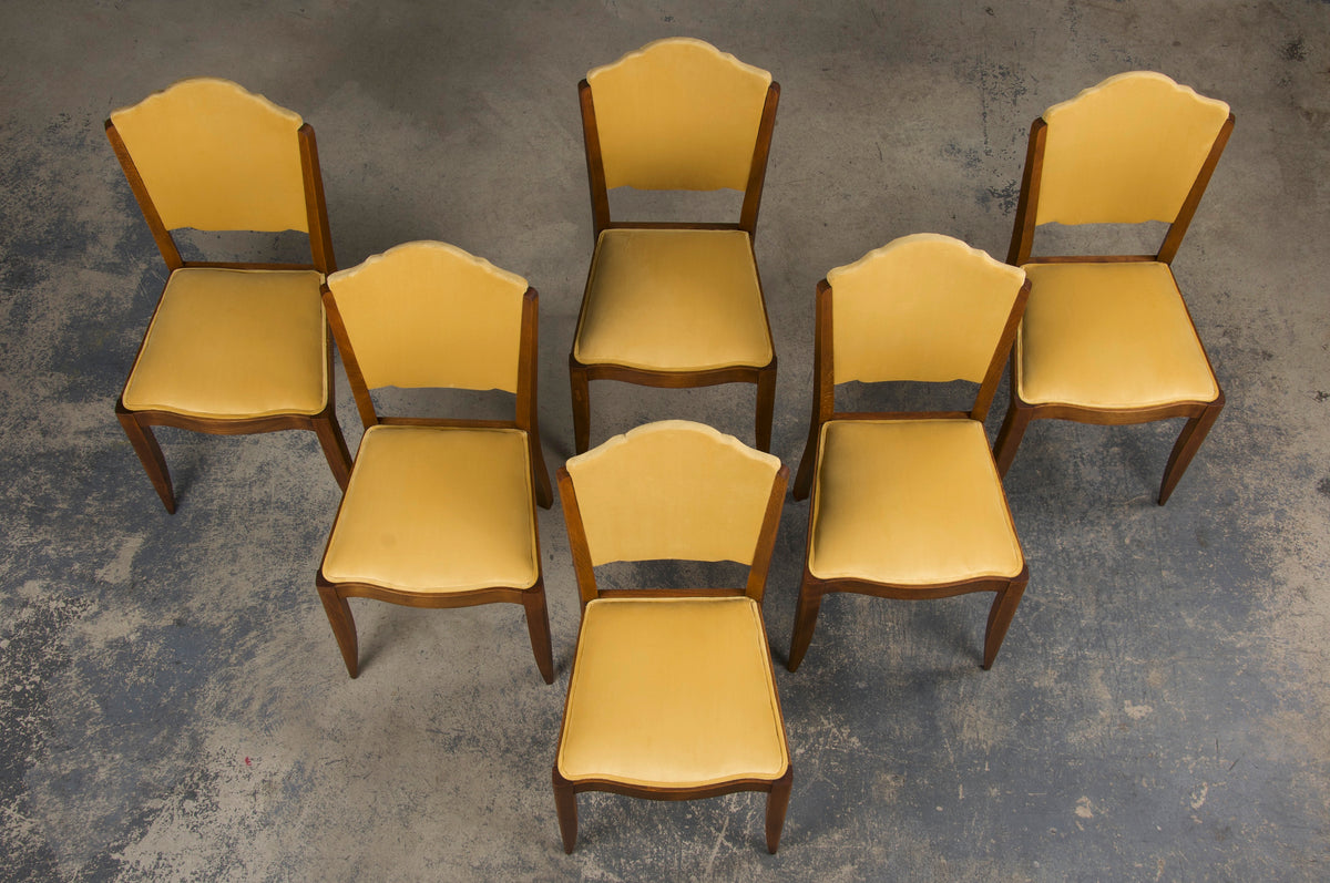 1930s French Art Deco Maple Dining Chairs W/ Curry Yellow Velvet - Set of 6