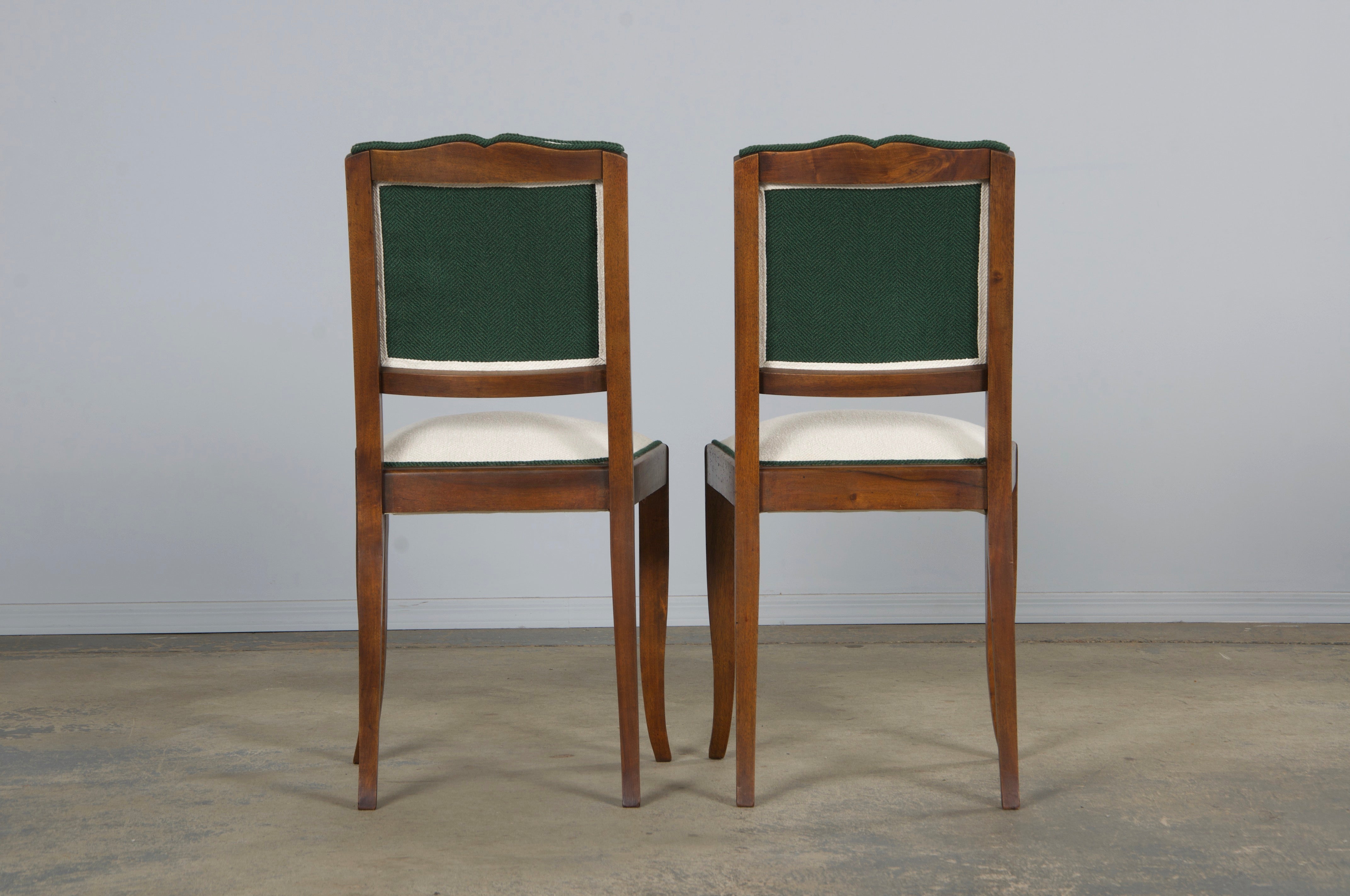 1920s French Art Deco Mustache Back Dining Chairs In Off-White and Green - Set of 6
