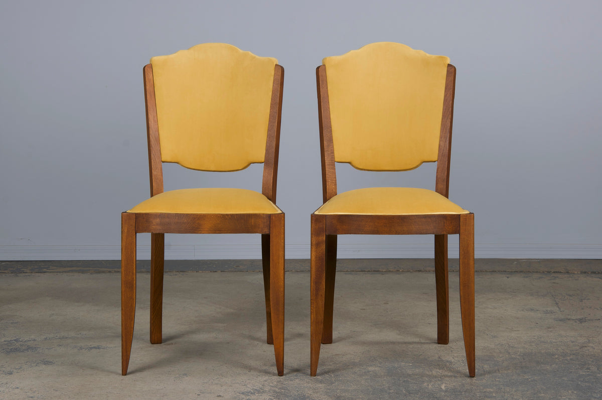 1930s French Art Deco Maple Dining Chairs W/ Curry Yellow Velvet - Set of 6