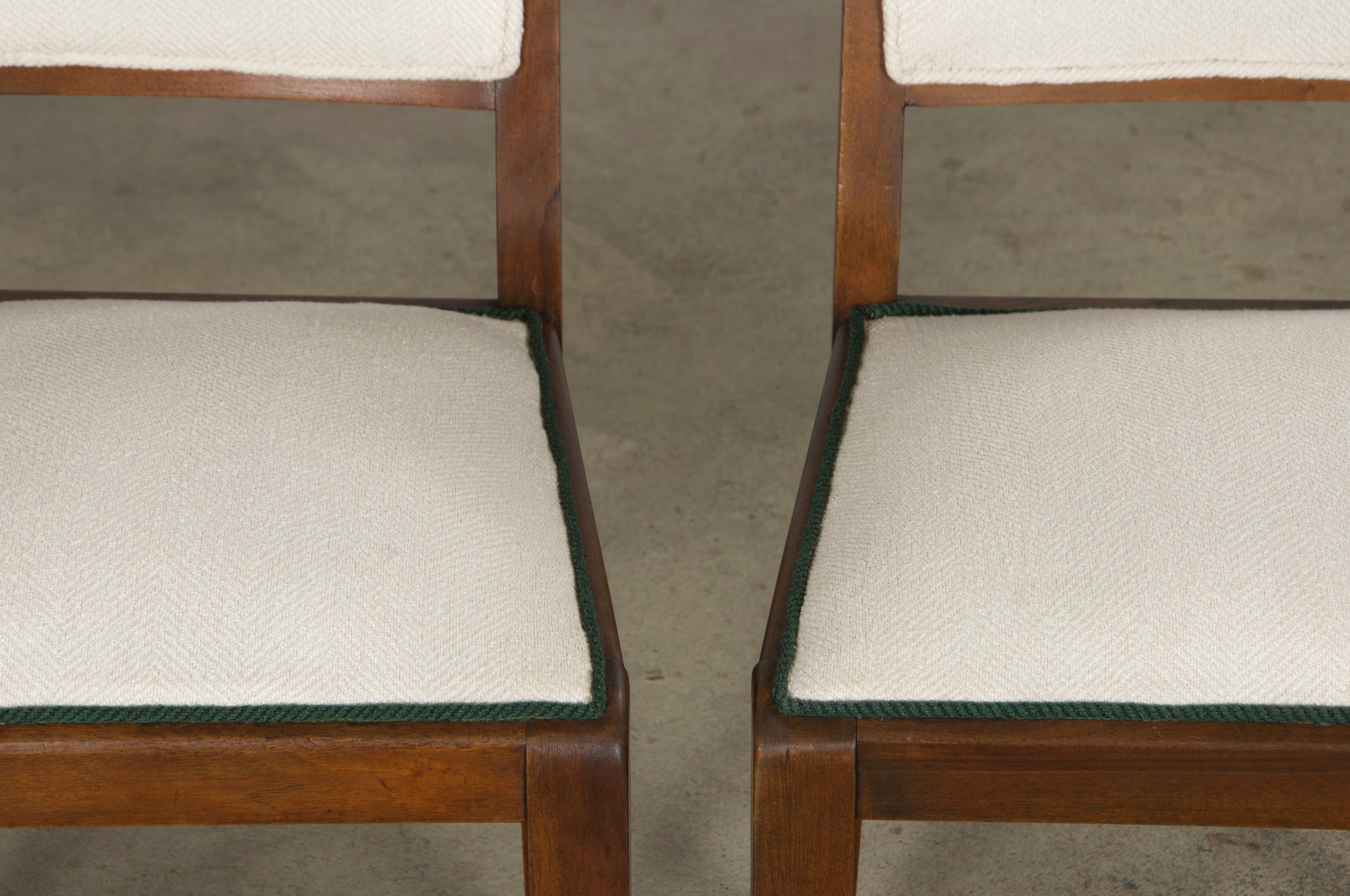 1920s French Art Deco Mustache Back Dining Chairs In Off-White and Green - Set of 6