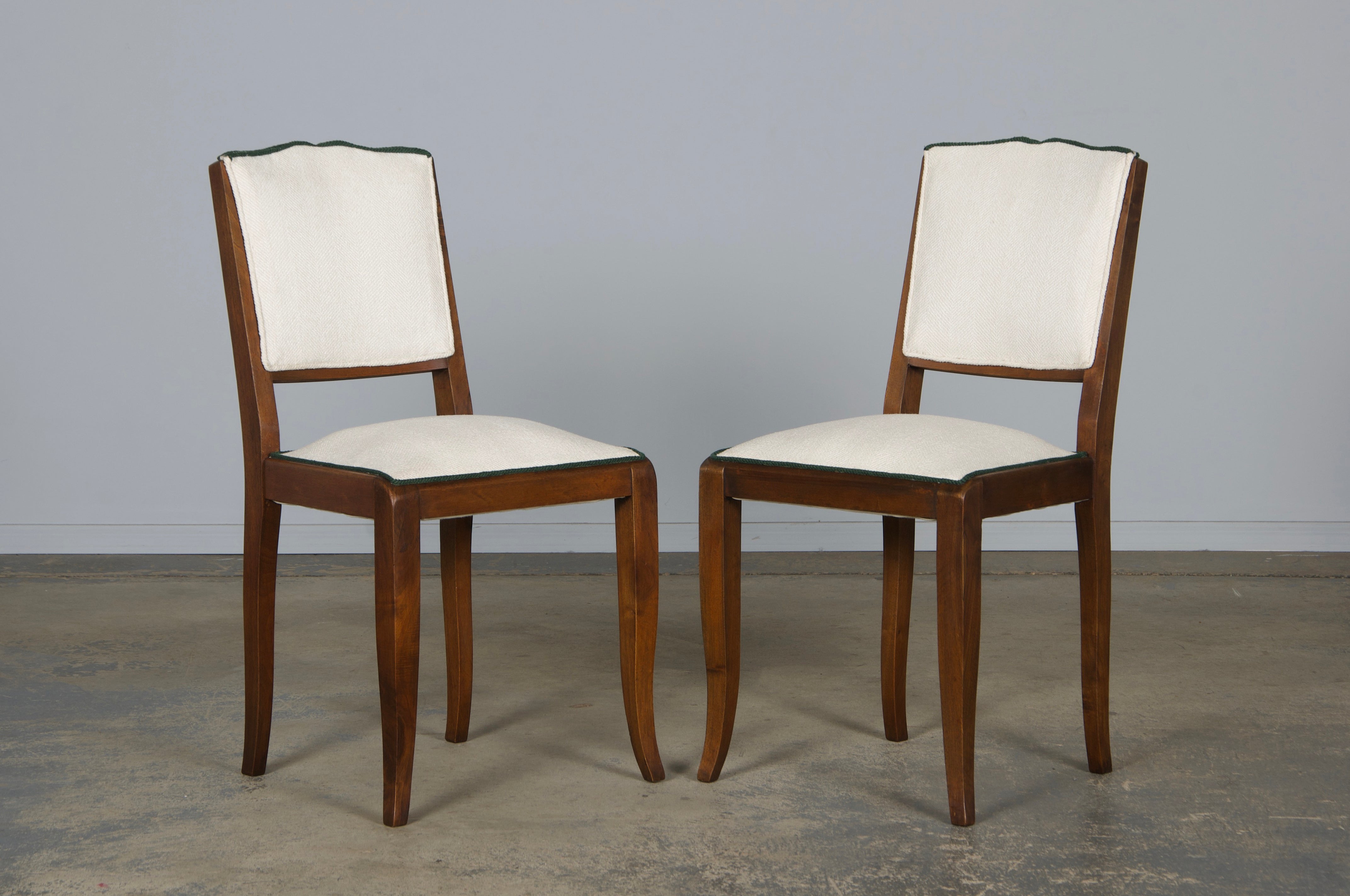 1920s French Art Deco Mustache Back Dining Chairs In Off-White and Green - Set of 6