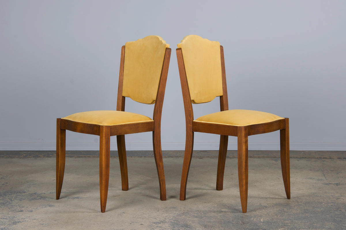 1930s French Art Deco Maple Dining Chairs W/ Curry Yellow Velvet - Set of 6