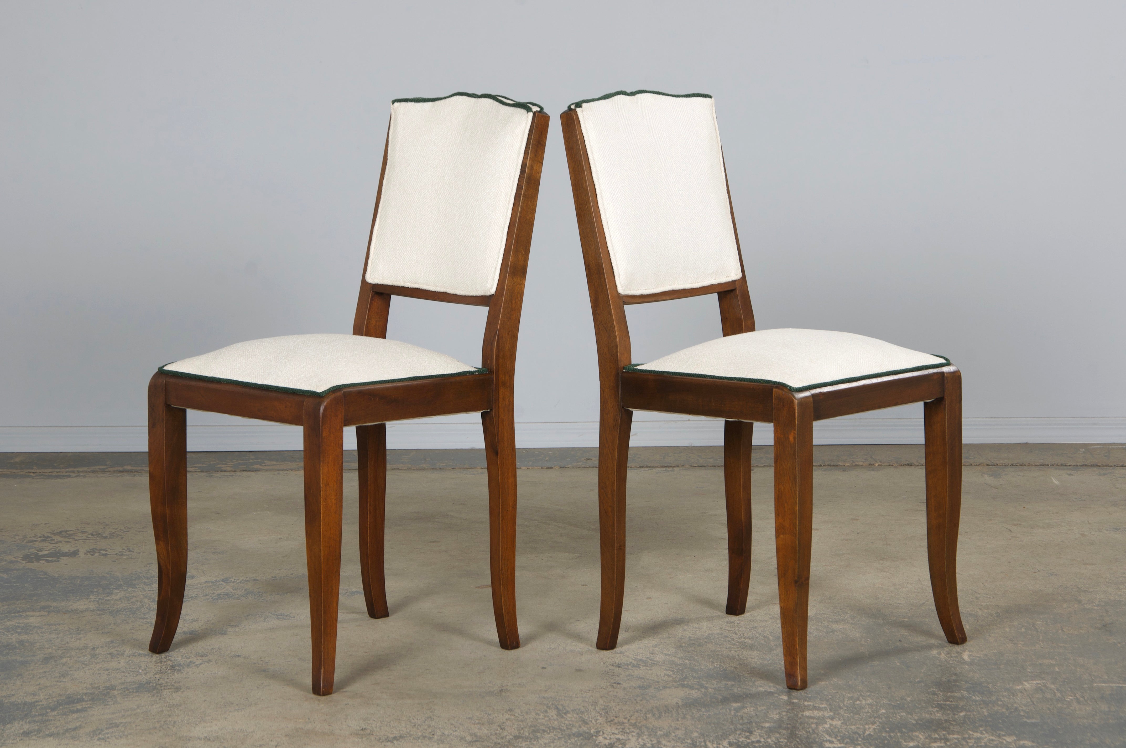 1920s French Art Deco Mustache Back Dining Chairs In Off-White and Green - Set of 6