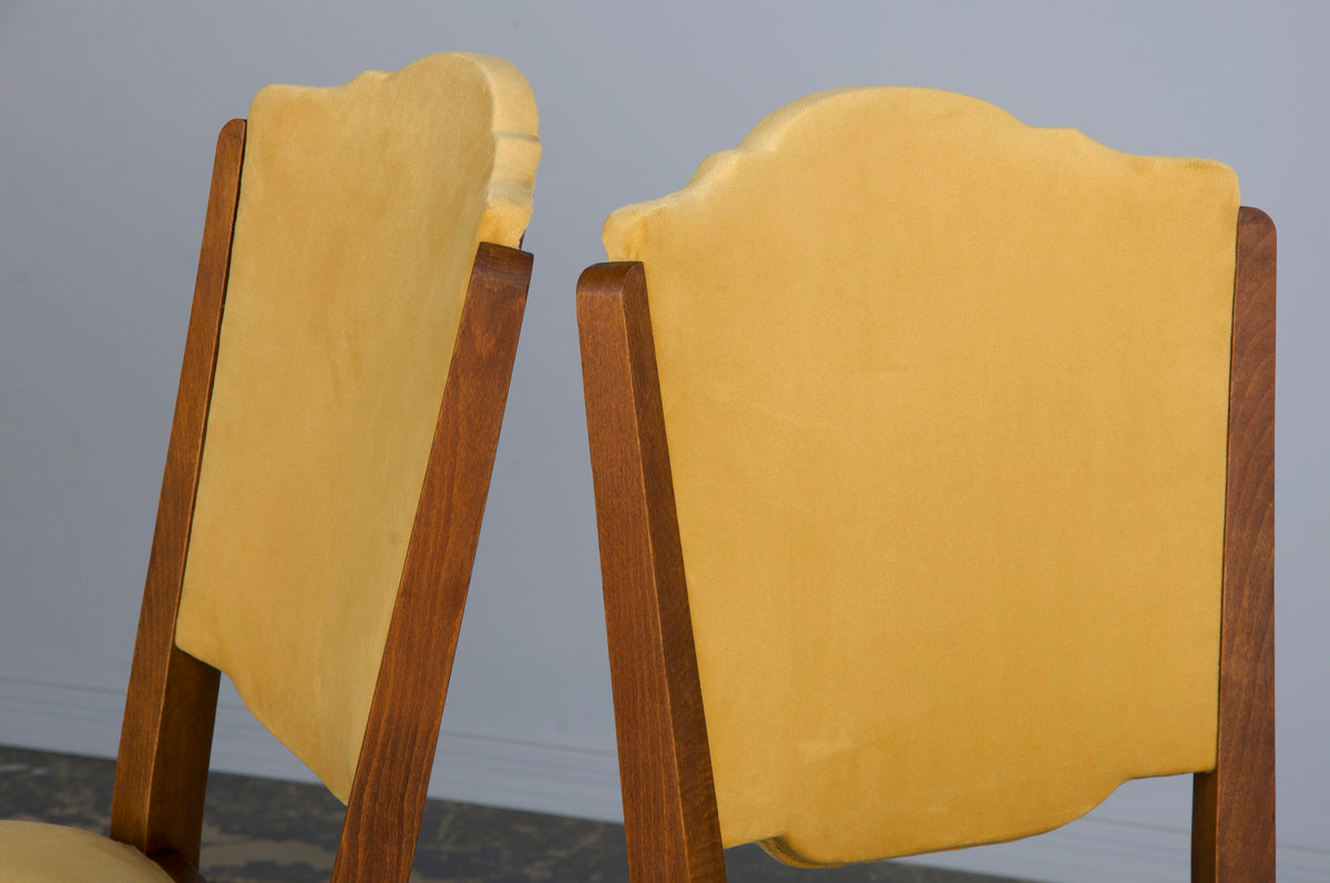 1930s French Art Deco Maple Dining Chairs W/ Curry Yellow Velvet - Set of 6