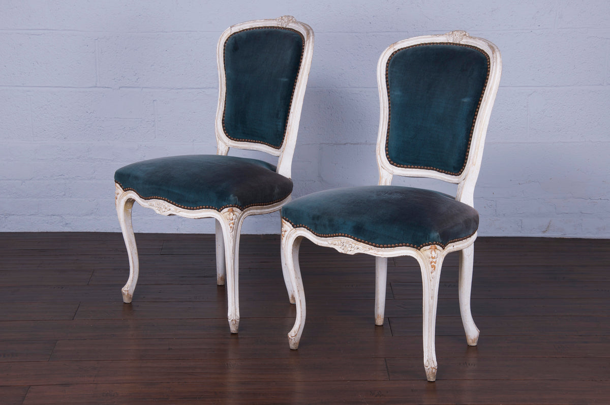 Antique French Louis XV Style Provincial Painted Dining Chairs W/ Dark Blue Velvet - Set of 6