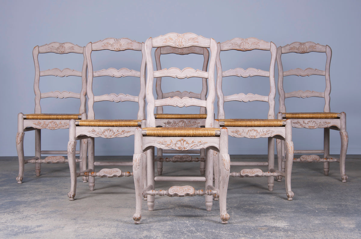 Country French Louis XV Style Provincial Painted Gray Dining Chairs W/ Rush Seats - Set of 6