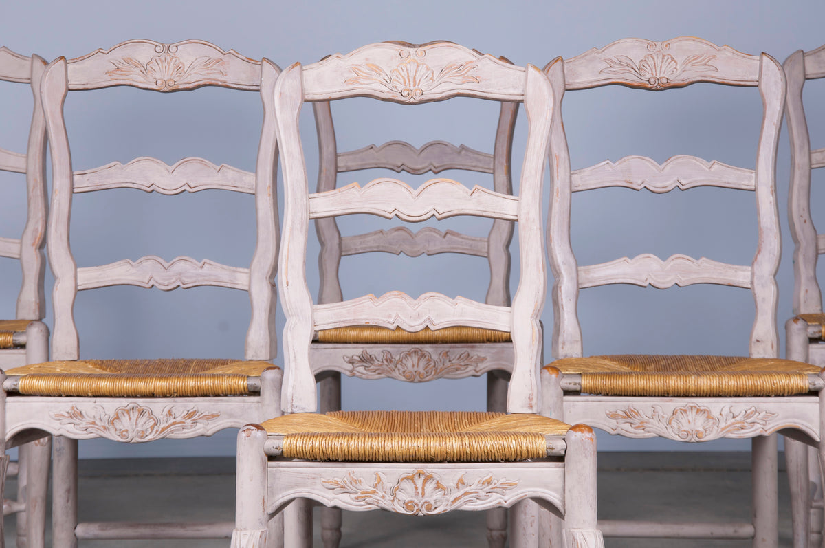 Country French Louis XV Style Provincial Painted Gray Dining Chairs W/ Rush Seats - Set of 6