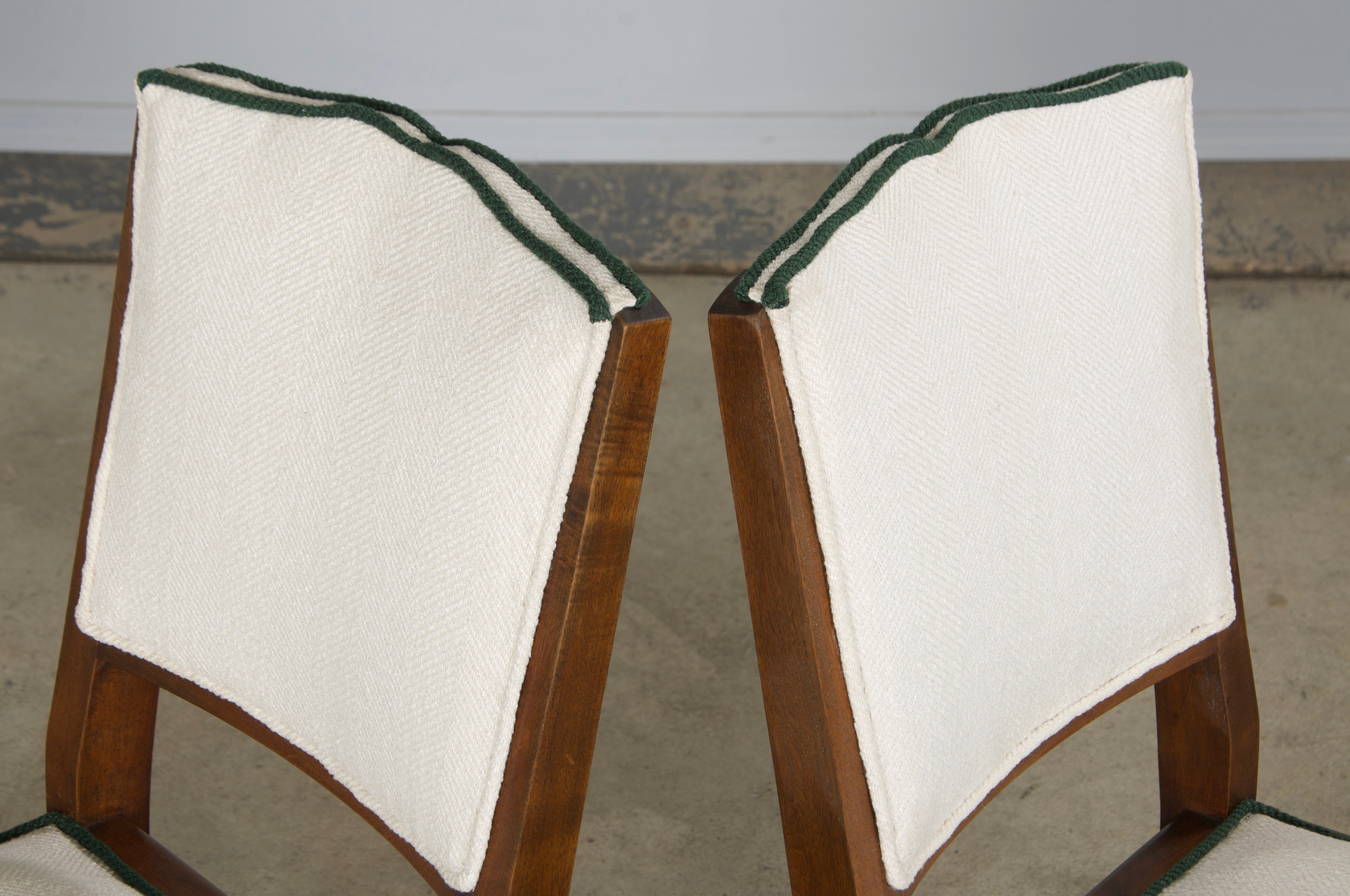 1920s French Art Deco Mustache Back Dining Chairs In Off-White and Green - Set of 6
