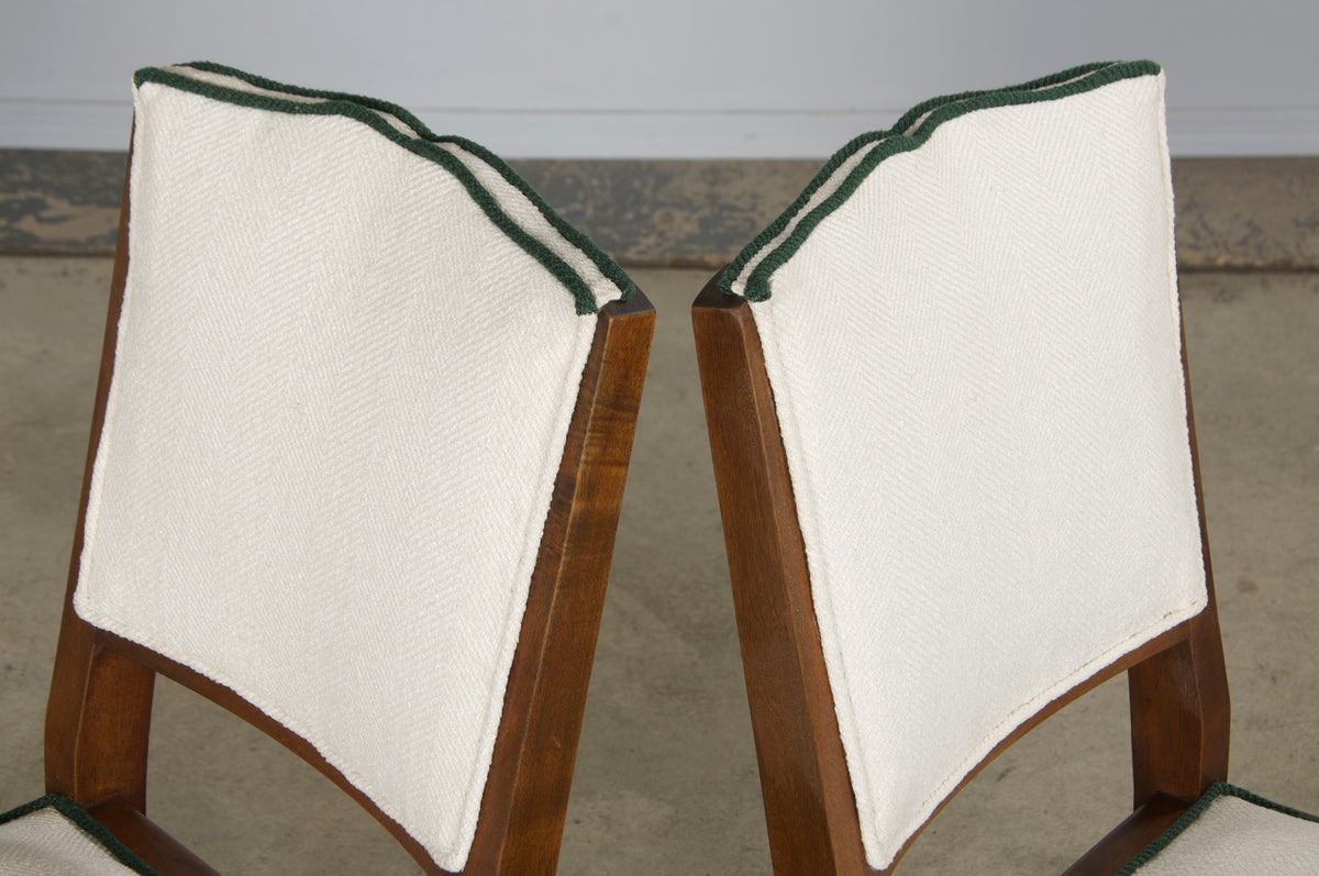 1920s French Art Deco Mustache Back Dining Chairs In Off-White and Green - Set of 6