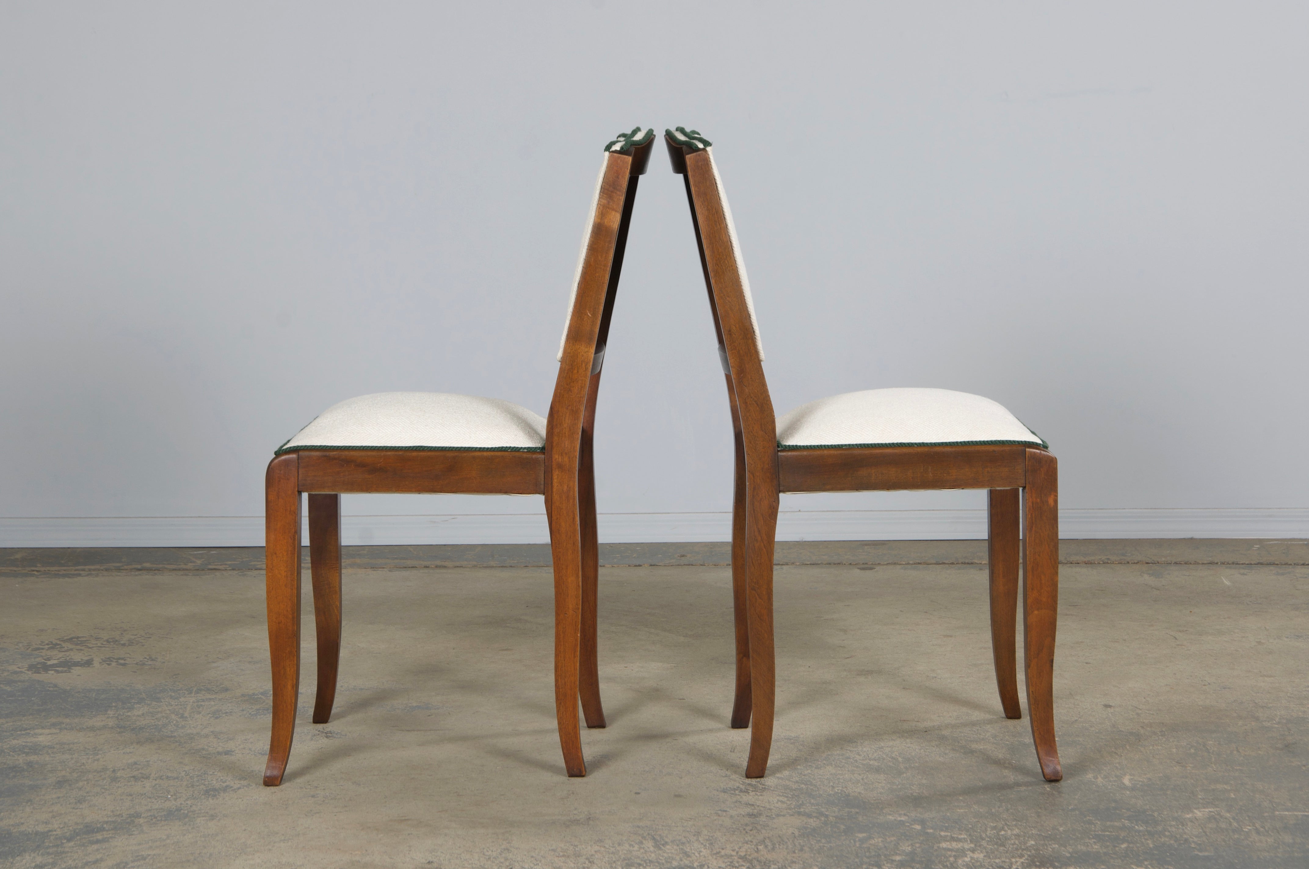 1920s French Art Deco Mustache Back Dining Chairs In Off-White and Green - Set of 6