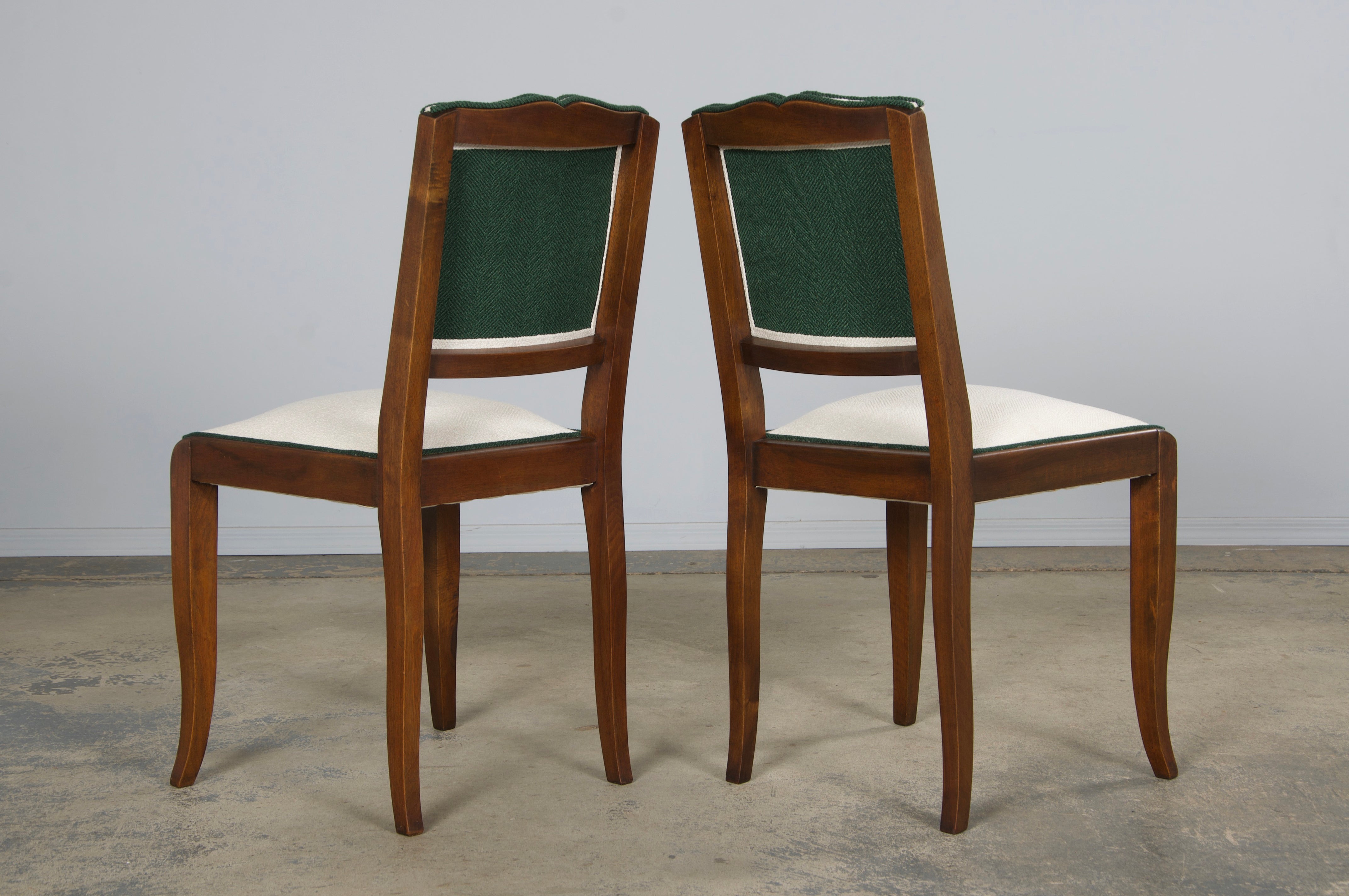 1920s French Art Deco Mustache Back Dining Chairs In Off-White and Green - Set of 6