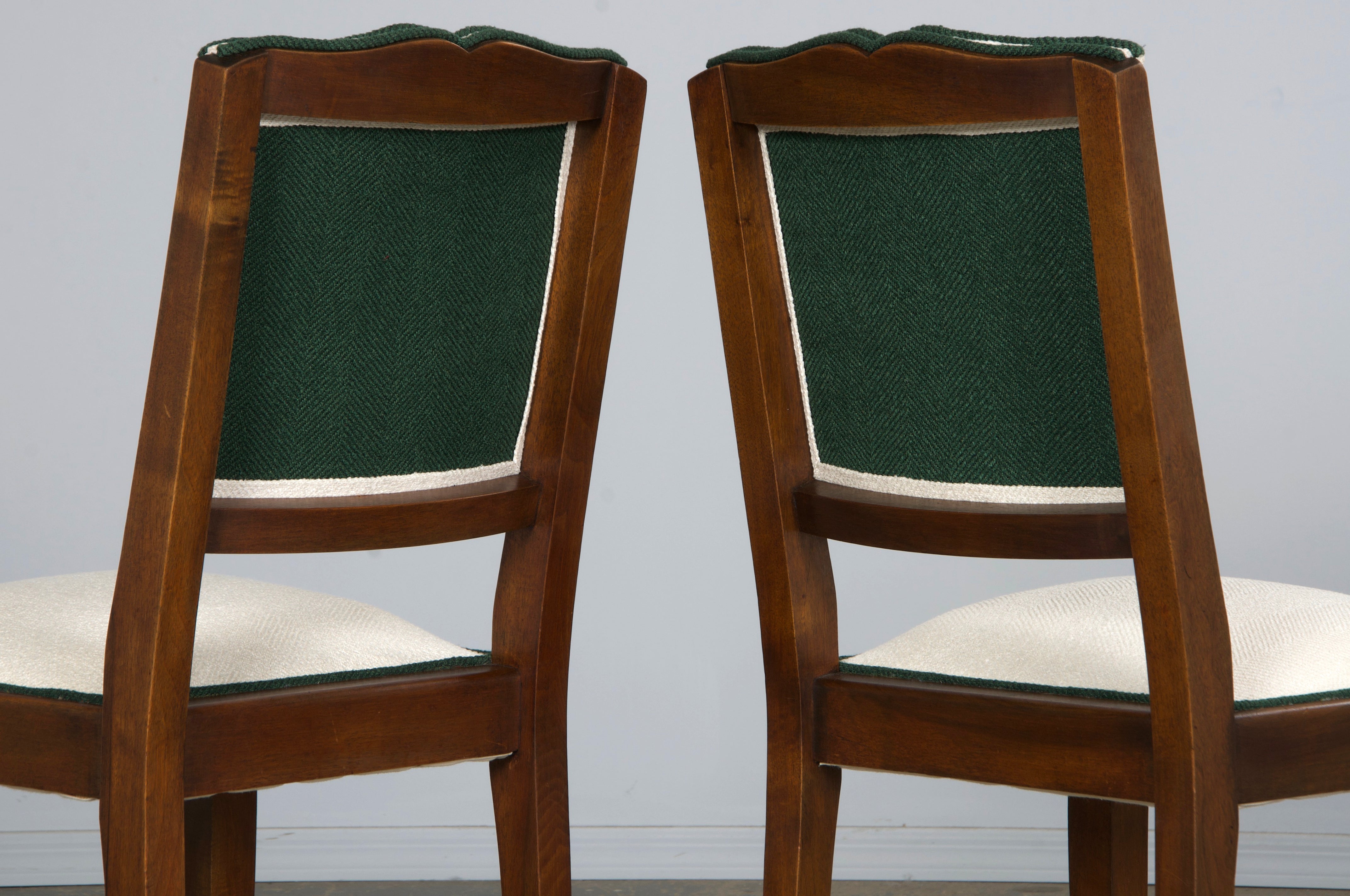1920s French Art Deco Mustache Back Dining Chairs In Off-White and Green - Set of 6