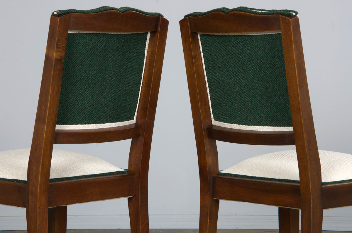 1920s French Art Deco Mustache Back Dining Chairs In Off-White and Green - Set of 6