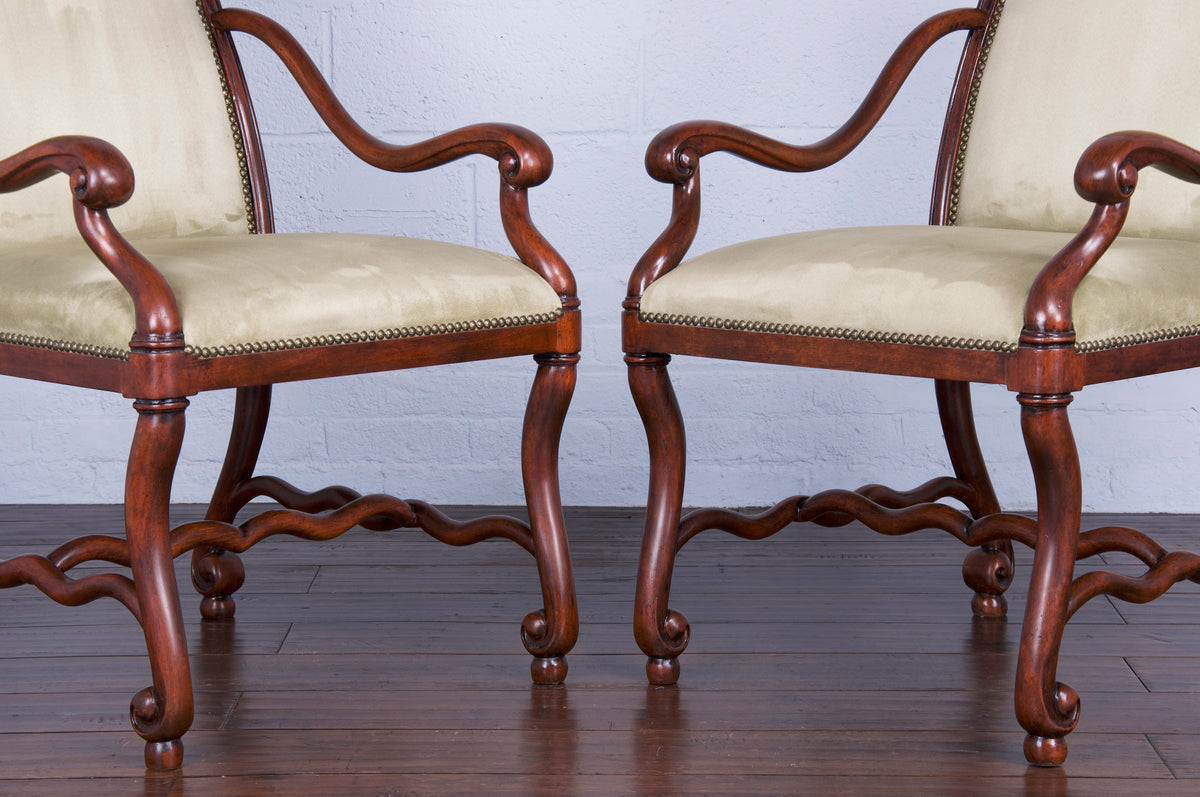 Spanish Colonial Mahogany Dining Chairs W/ Mint Suede Microfiber by Drexel Heritage - Set of 8