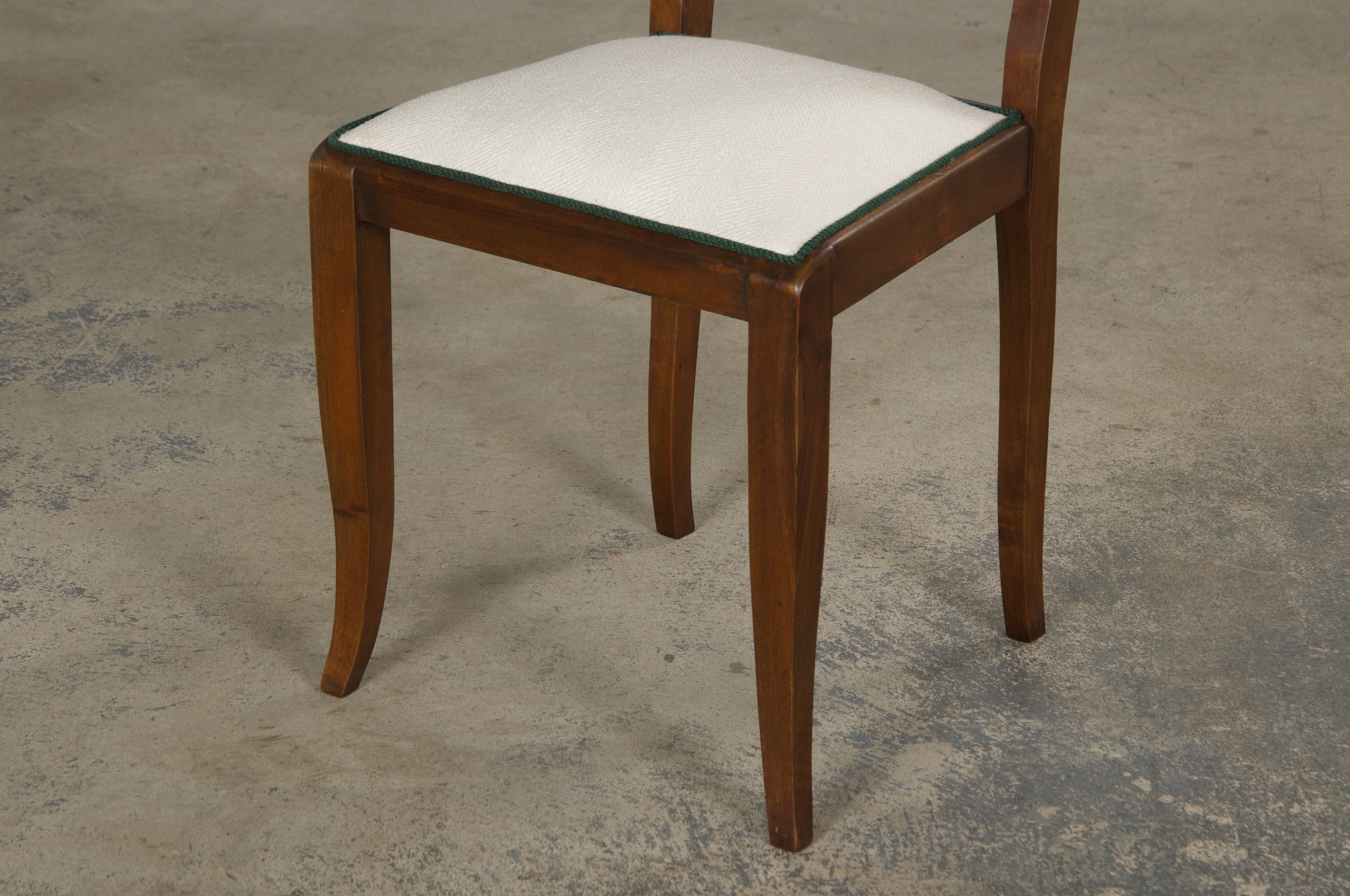 1920s French Art Deco Mustache Back Dining Chairs In Off-White and Green - Set of 6