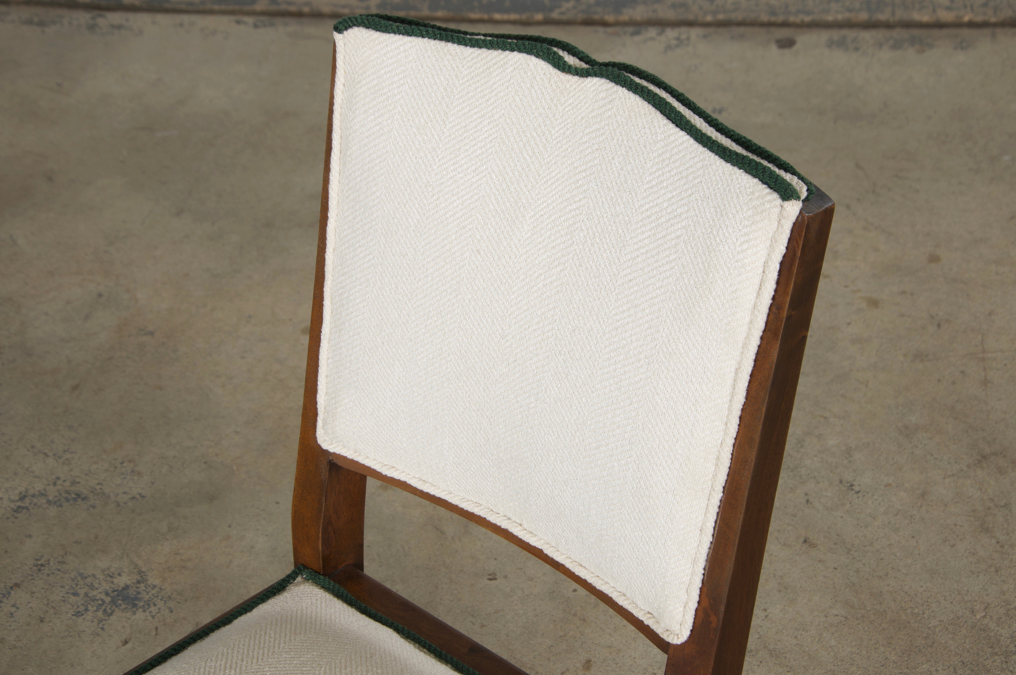 1920s French Art Deco Mustache Back Dining Chairs In Off-White and Green - Set of 6