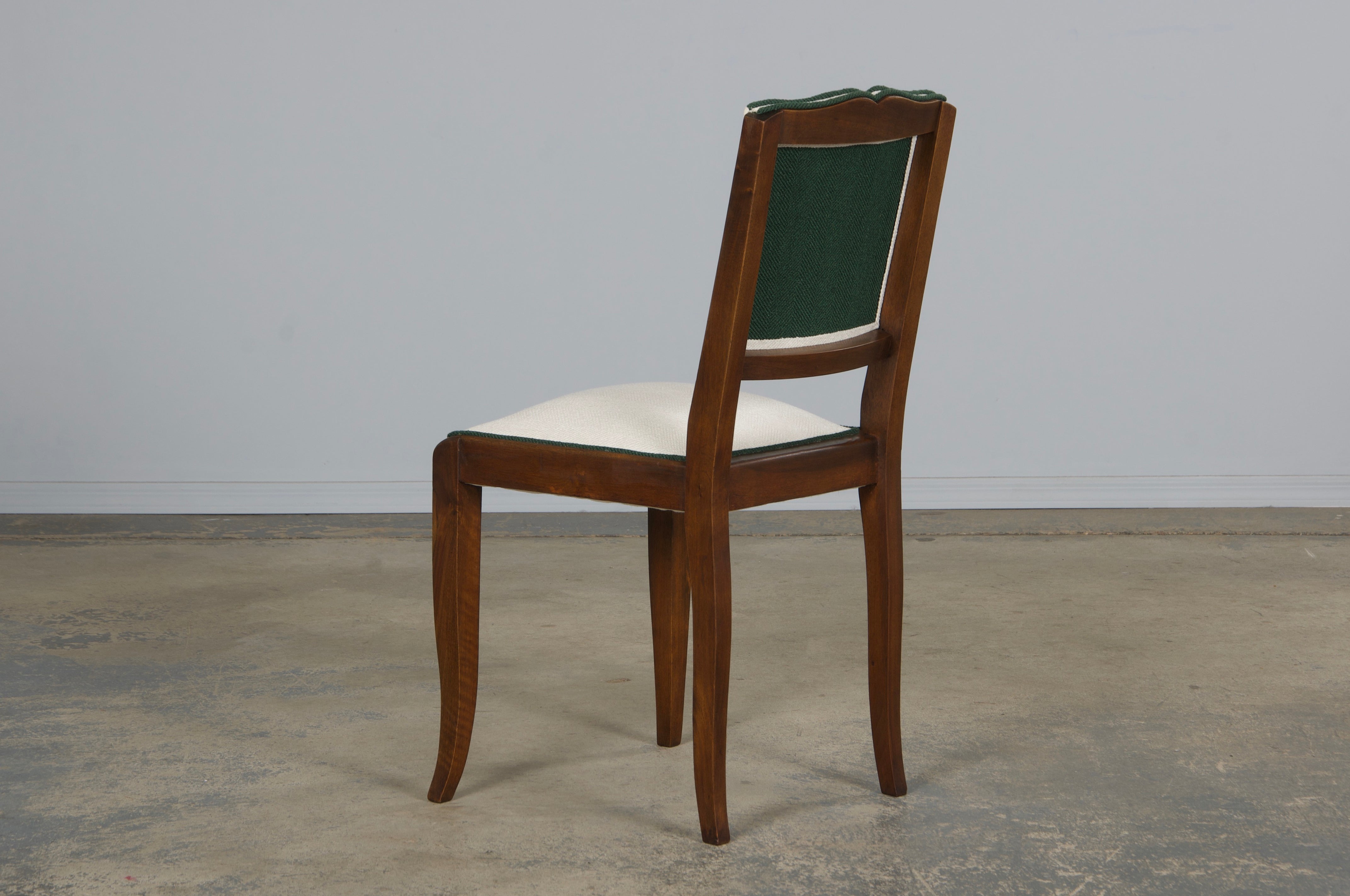 1920s French Art Deco Mustache Back Dining Chairs In Off-White and Green - Set of 6