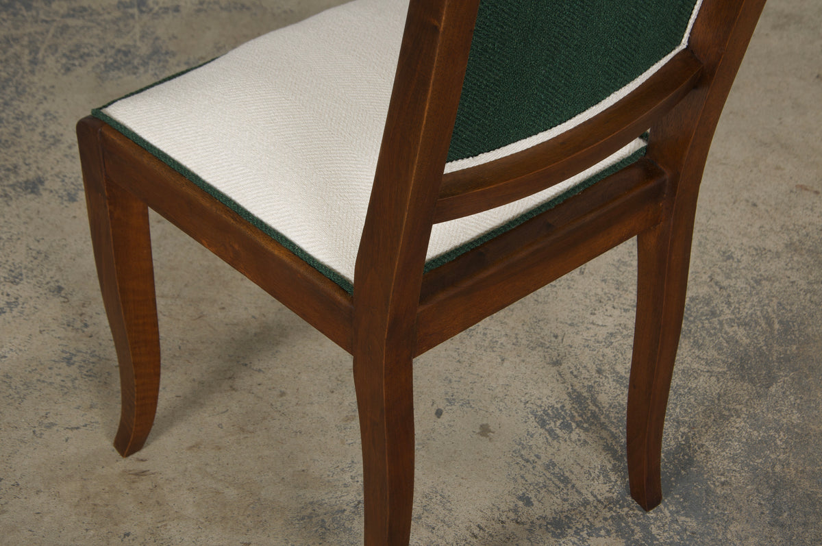 1920s French Art Deco Mustache Back Dining Chairs In Off-White and Green - Set of 6