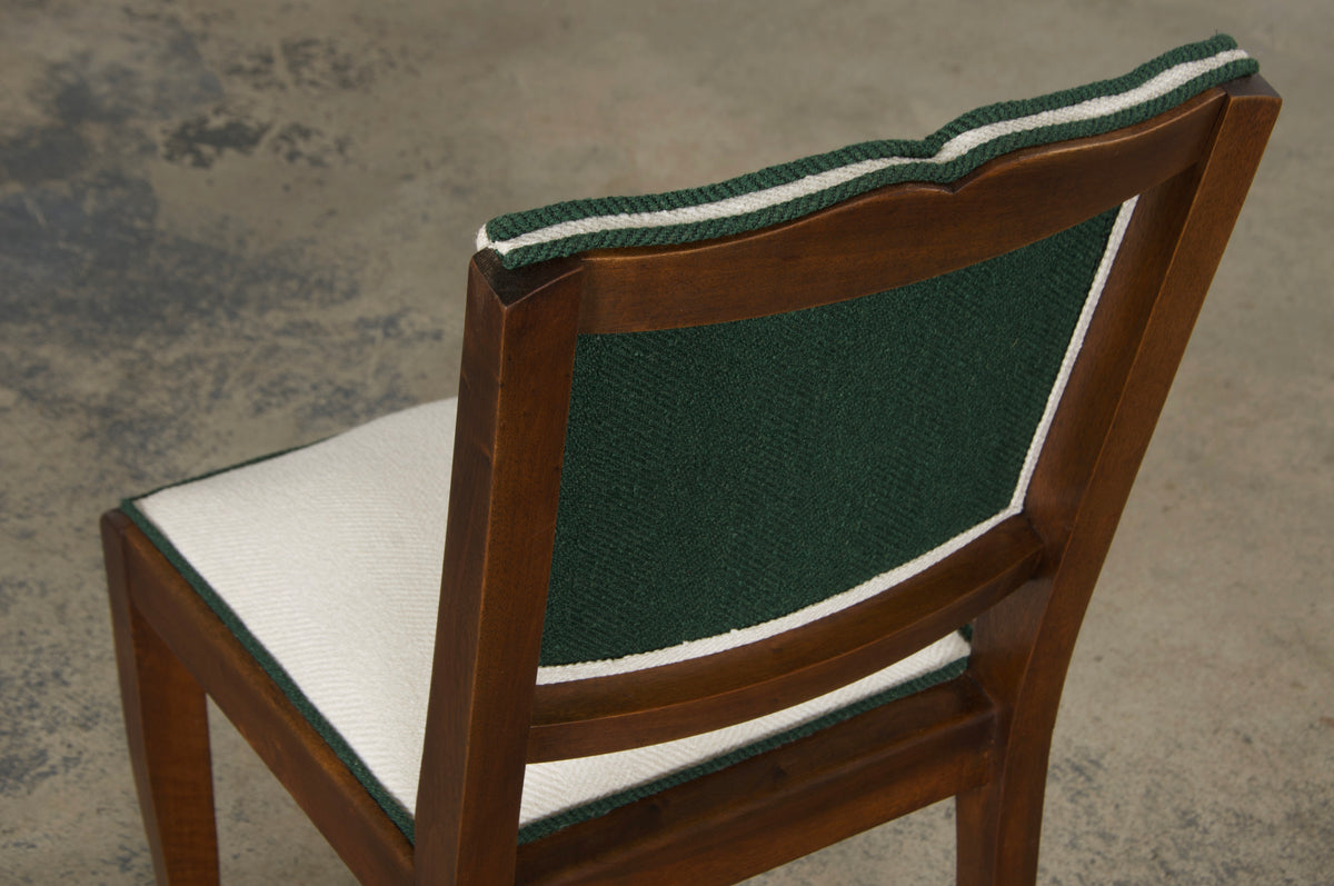 1920s French Art Deco Mustache Back Dining Chairs In Off-White and Green - Set of 6