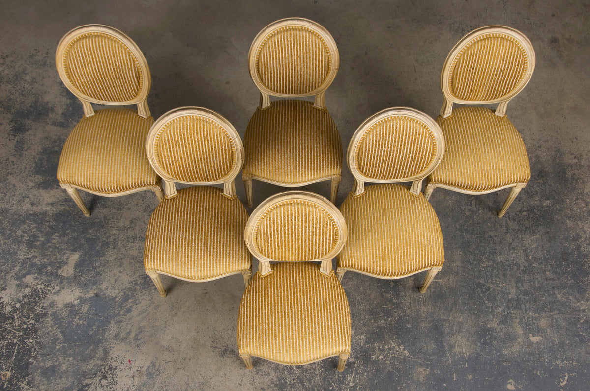 Antique French Louis XVI Style Painted Dining Chairs W/ Striped Golden Yellow Chenille - Set of 6