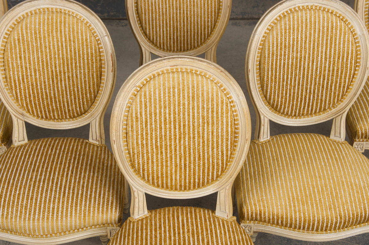 Antique French Louis XVI Style Painted Dining Chairs W/ Striped Golden Yellow Chenille - Set of 6