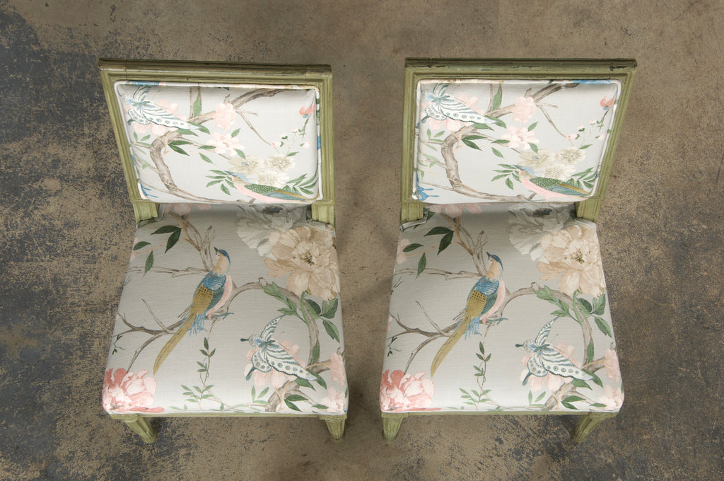 Antique French Louis XVI Style Painted Square Back Side Chairs in Chinoiserie Fabric - A Pair