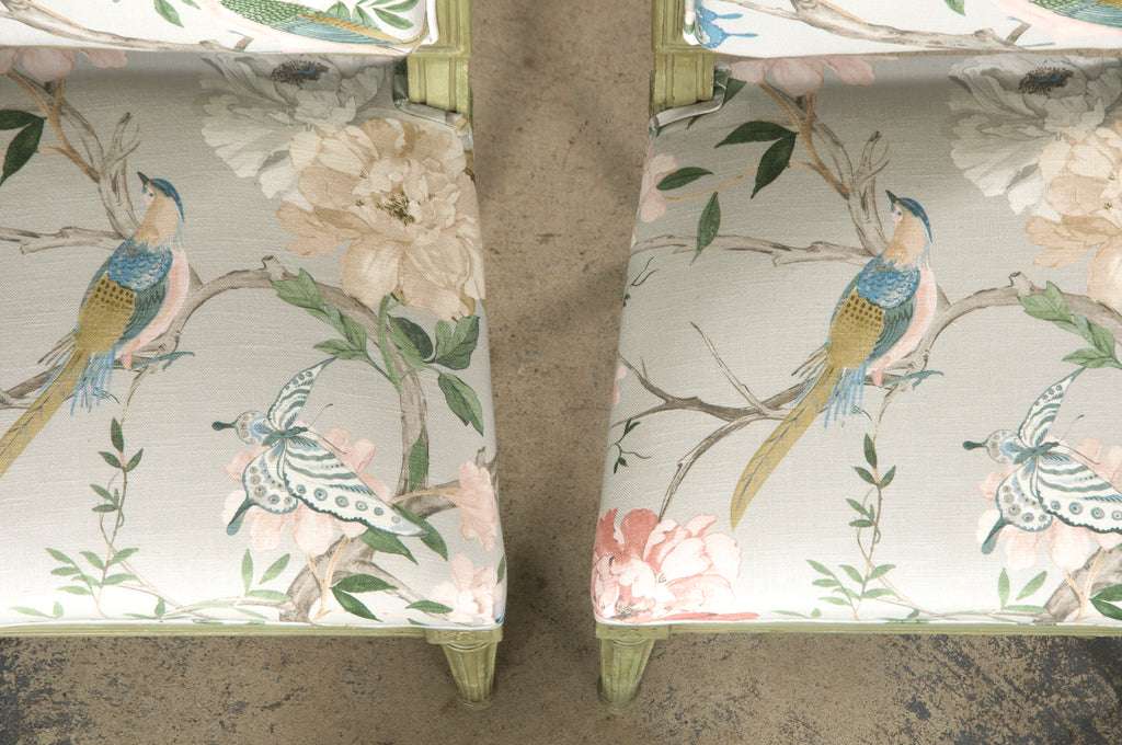 Antique French Louis XVI Style Painted Square Back Side Chairs in Chinoiserie Fabric - A Pair